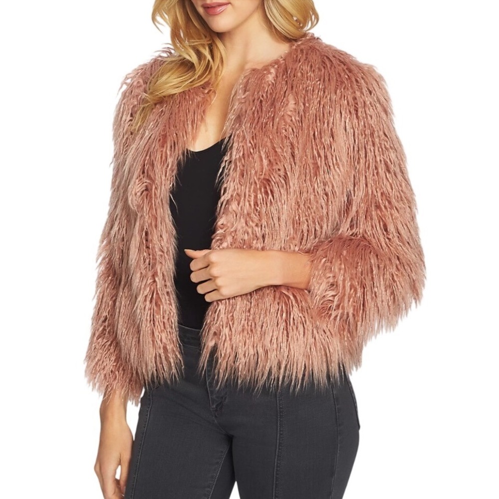 1.STATE Pink Cropped Faux Fur Jacket Shaggy Glam Coat Women's M